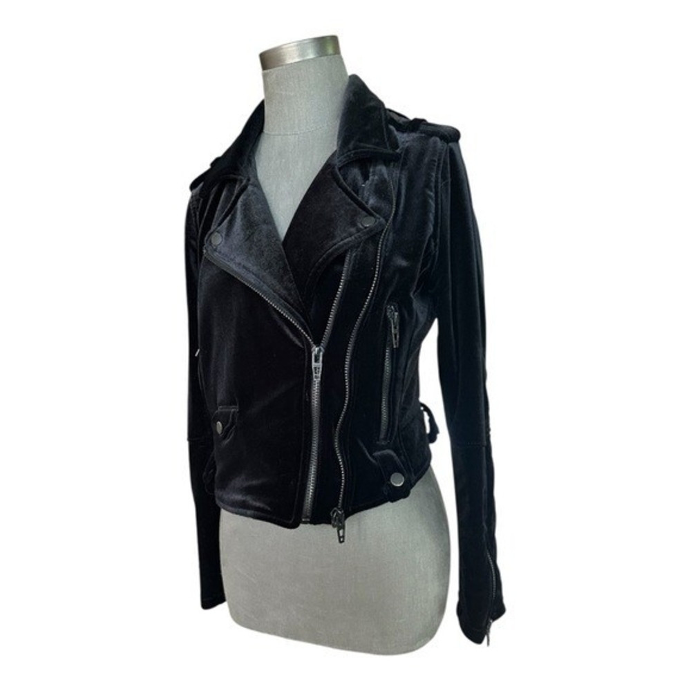 BlankNYC Anthropologie Black Velvet Moto Jacket M Zip Front Biker Crushed - Picture 5 of 11